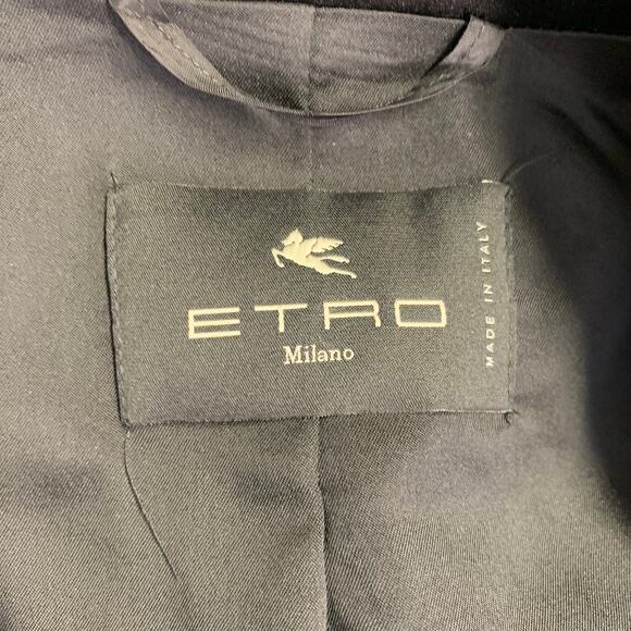 ETRO Size 8 Black Blue Metallic Geometric Peak Lapel Jacket Blazer - Picture 7 of 10